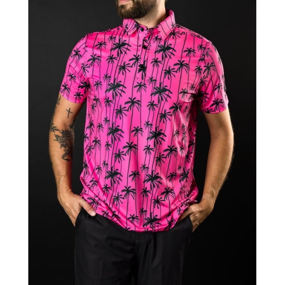 Sunday Swagger Sizzlin Polo Mens Small Pink Palm Tree New With Tags